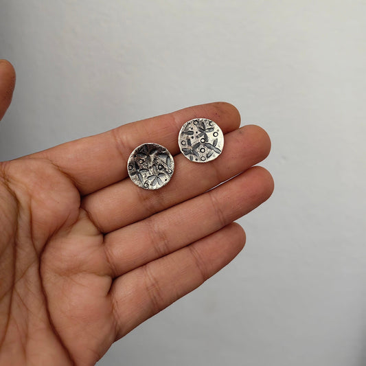 Silver hand stamped earrings tiny flowers, Rustic Dainty Bohemian jewelry, Classy small Modern earrings Raw Ideal stylish little posts